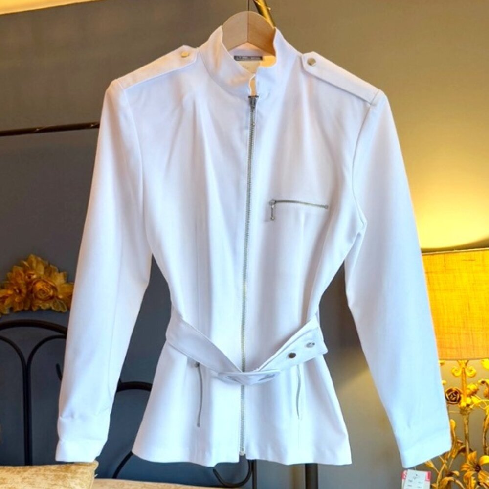 Vintage White Lightweight Belted Bomber Blazer